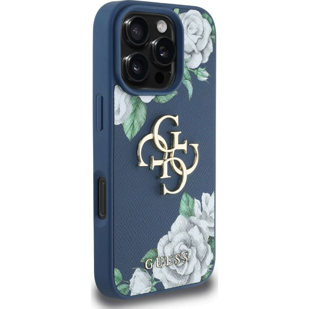 Handyhülle für iPhone 16 Pro, Guess Grained Roses Big 4G, Blau mit floralem Muster