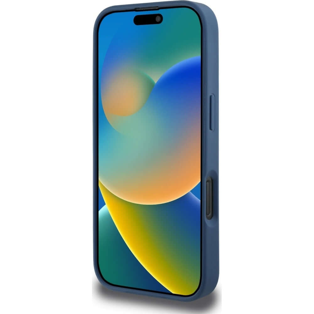 Handyhülle für iPhone 16 Pro, Guess Grained Roses Big 4G, Blau mit floralem Muster