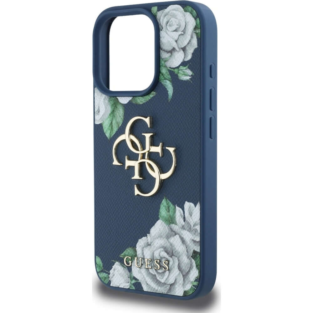 Handyhülle für iPhone 16 Pro, Guess Grained Roses Big 4G, Blau mit floralem Muster