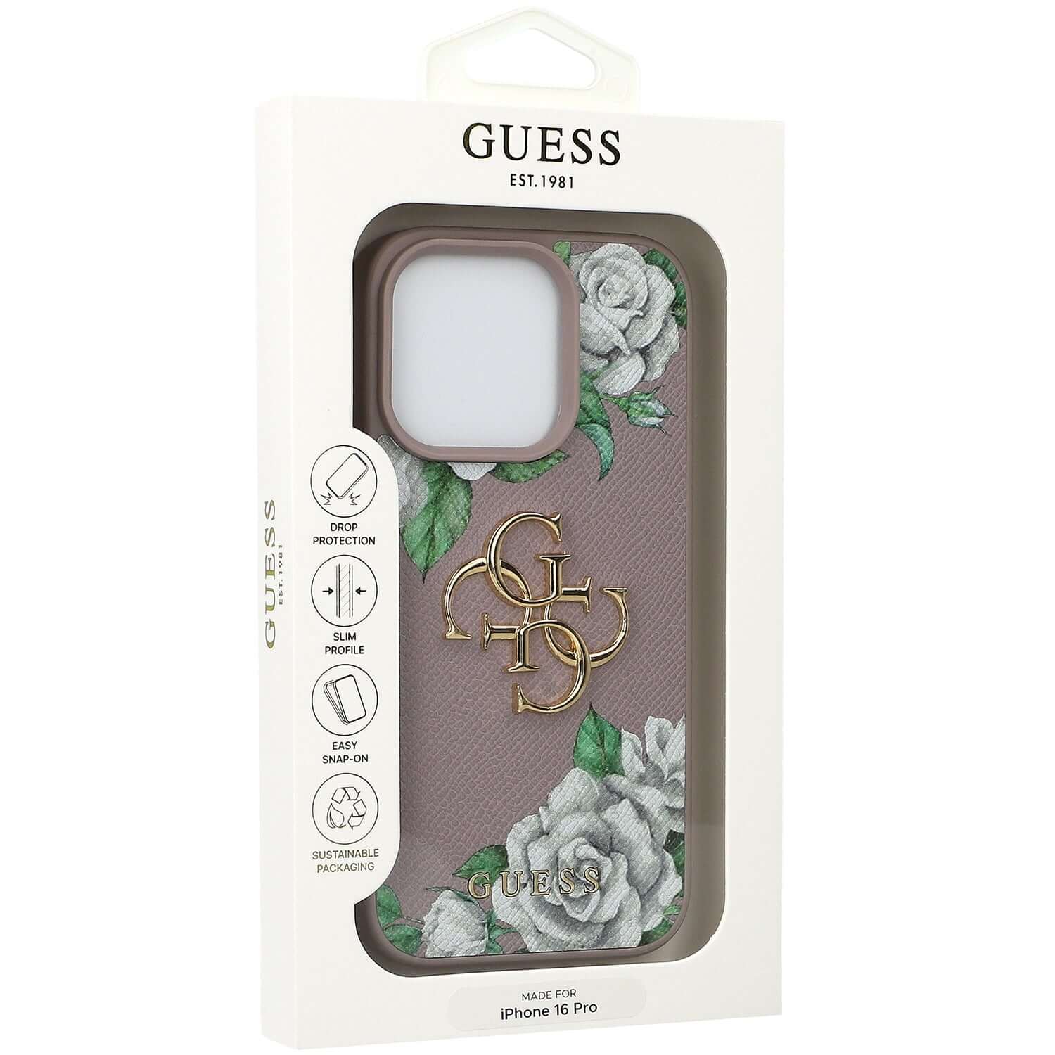 Handyhülle für iPhone 16 Pro, Guess Grained Roses Big 4G, Lila mit floralem Muster