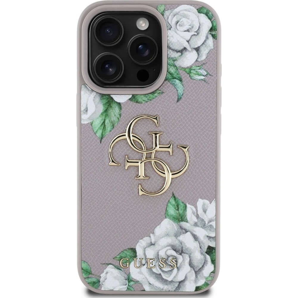 Handyhülle für iPhone 16 Pro, Guess Grained Roses Big 4G, Lila mit floralem Muster