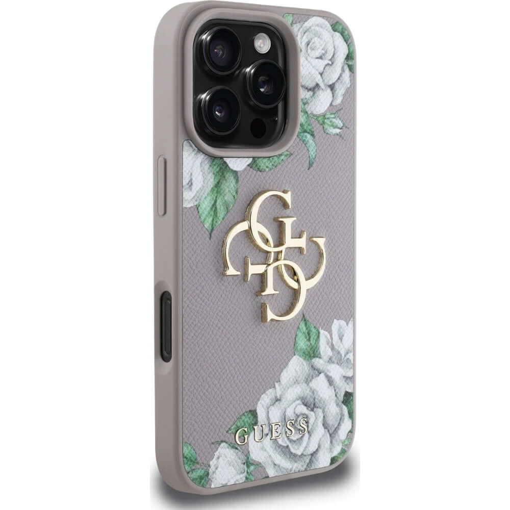 Handyhülle für iPhone 16 Pro, Guess Grained Roses Big 4G, Lila mit floralem Muster