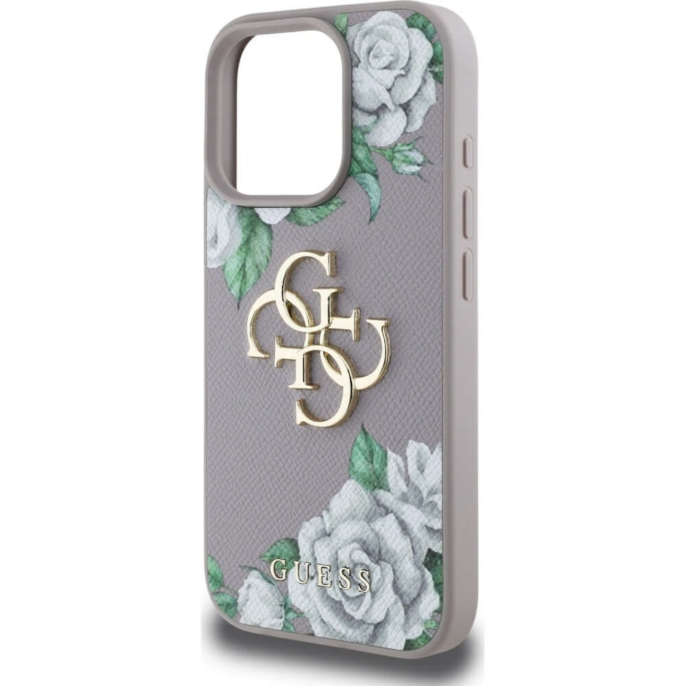 Handyhülle für iPhone 16 Pro, Guess Grained Roses Big 4G, Lila mit floralem Muster