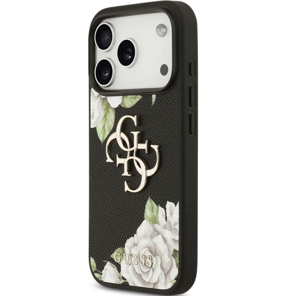 Handyhülle für iPhone 17 Pro, Guess Grained Roses Big 4G, Schwarz mit floralem Muster