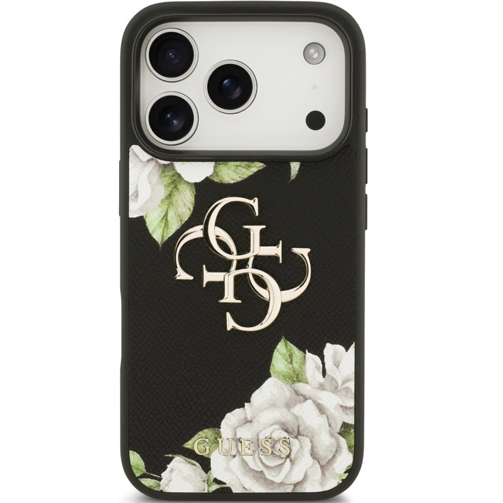 Handyhülle für iPhone 17 Pro, Guess Grained Roses Big 4G, Schwarz mit floralem Muster