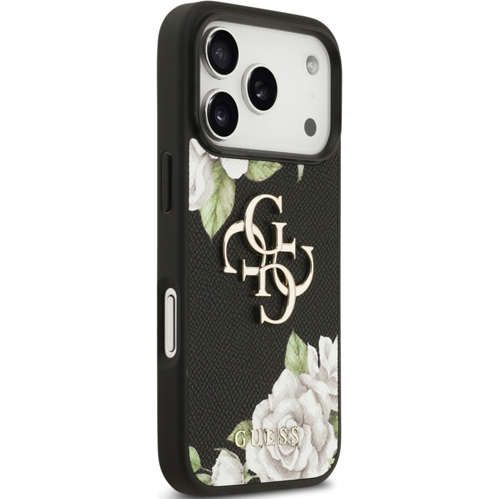 Handyhülle für iPhone 17 Pro, Guess Grained Roses Big 4G, Schwarz mit floralem Muster