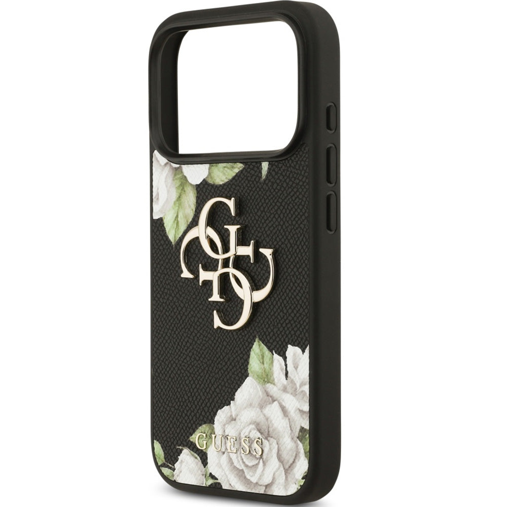 Handyhülle für iPhone 17 Pro, Guess Grained Roses Big 4G, Schwarz mit floralem Muster