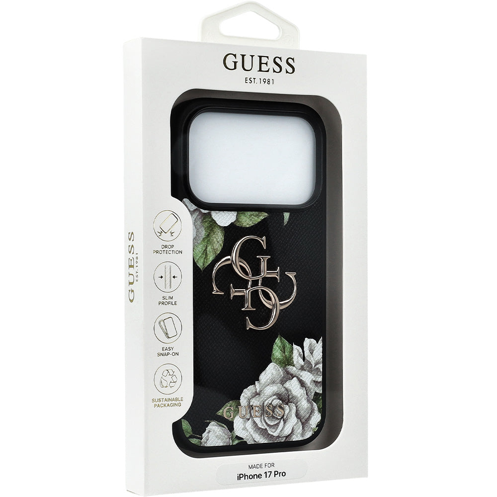 Handyhülle für iPhone 17 Pro, Guess Grained Roses Big 4G, Schwarz mit floralem Muster