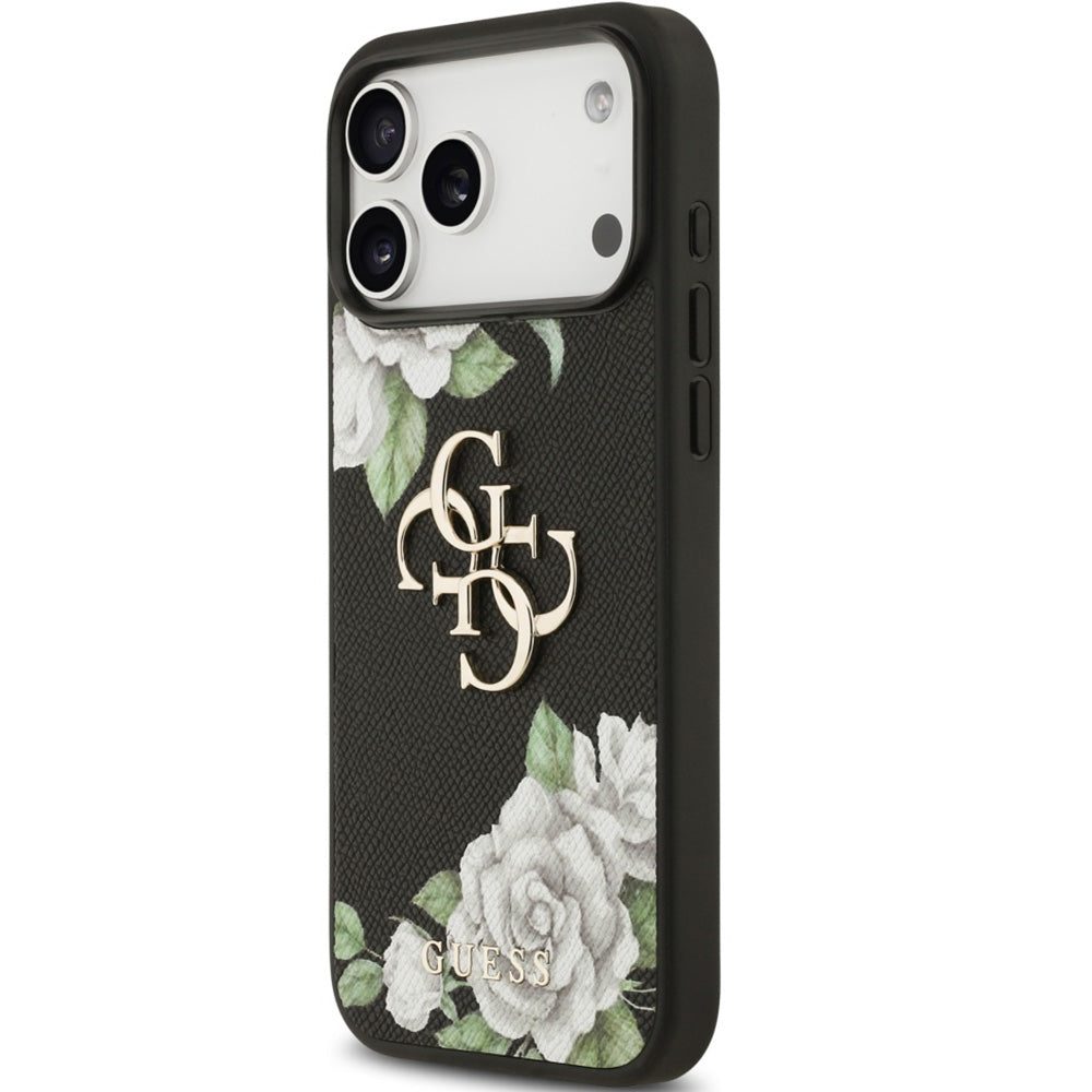 Handyhülle für iPhone 17 Pro Max, Guess Grained Roses Big 4G, Schwarz mit floralem Muster