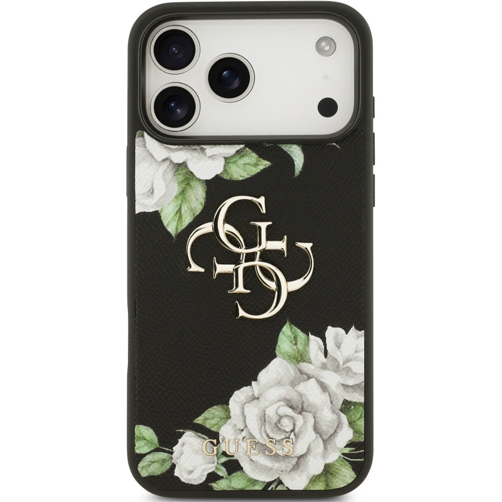 Handyhülle für iPhone 17 Pro Max, Guess Grained Roses Big 4G, Schwarz mit floralem Muster