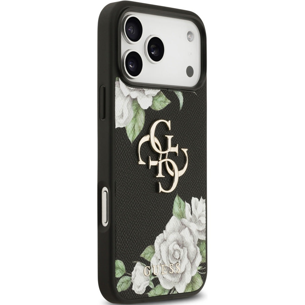 Handyhülle für iPhone 17 Pro Max, Guess Grained Roses Big 4G, Schwarz mit floralem Muster