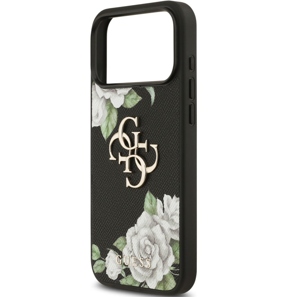 Handyhülle für iPhone 17 Pro Max, Guess Grained Roses Big 4G, Schwarz mit floralem Muster
