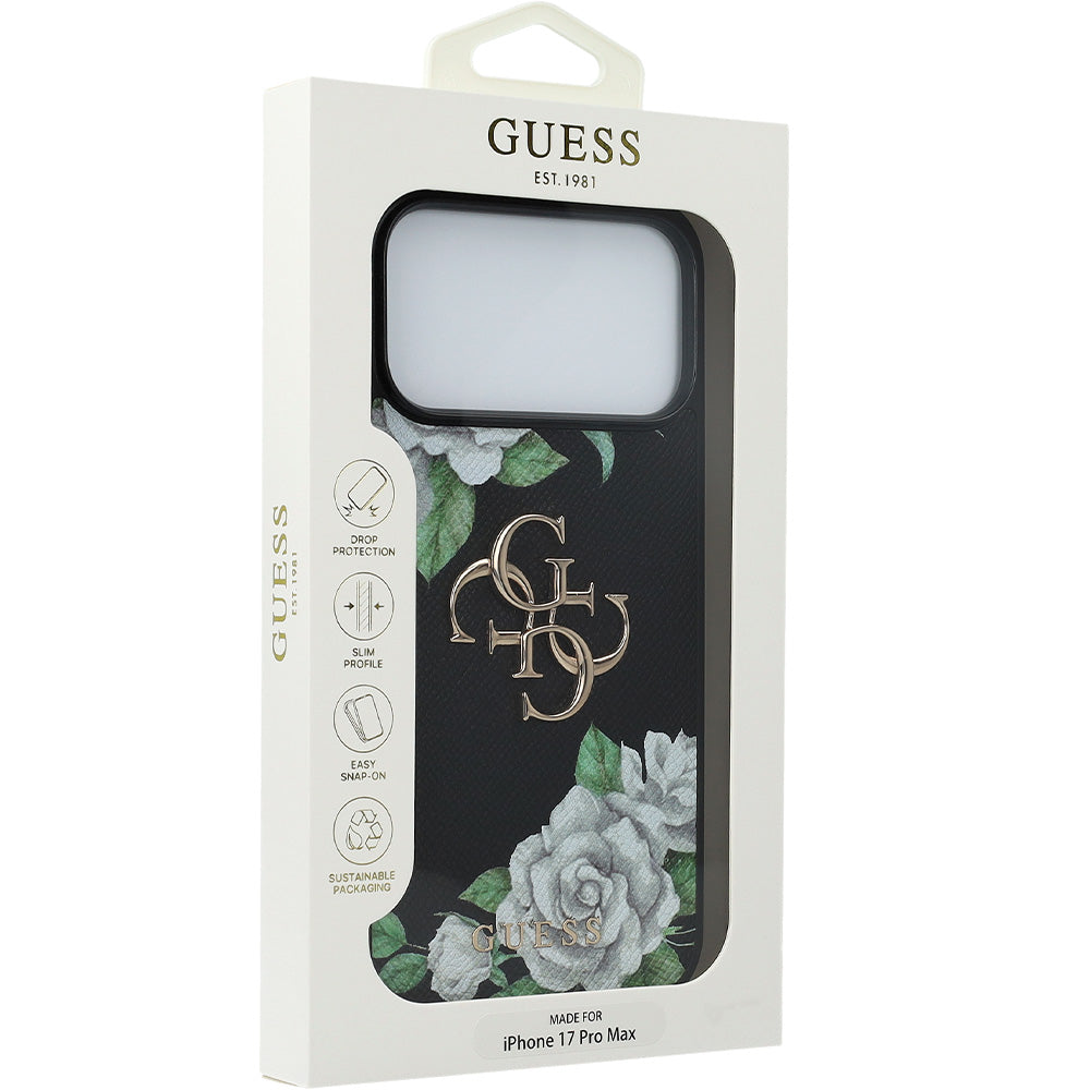 Handyhülle für iPhone 17 Pro Max, Guess Grained Roses Big 4G, Schwarz mit floralem Muster