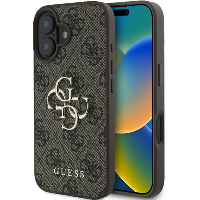 Handyhülle für iPhone 16, Guess Hardcase 4G Big Metal Logo, Braun