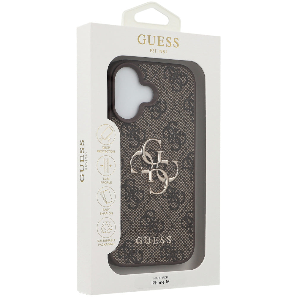 Handyhülle für iPhone 16, Guess Hardcase 4G Big Metal Logo, Braun