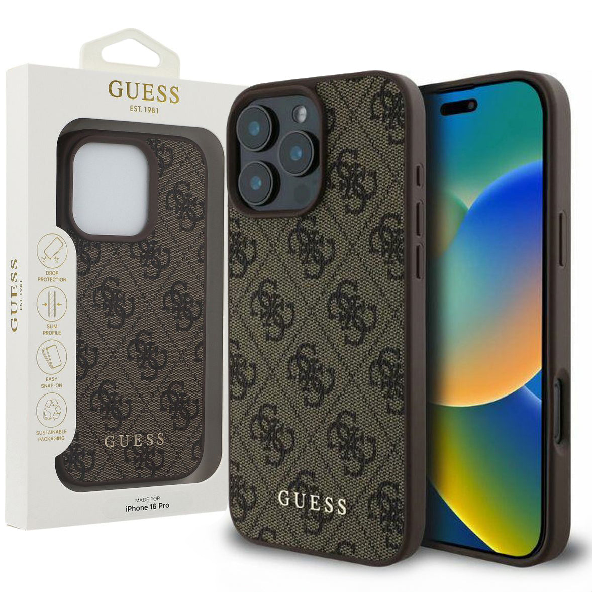 Handyhülle für iPhone 16 Pro, Guess Hardcase 4G Classic, Braun