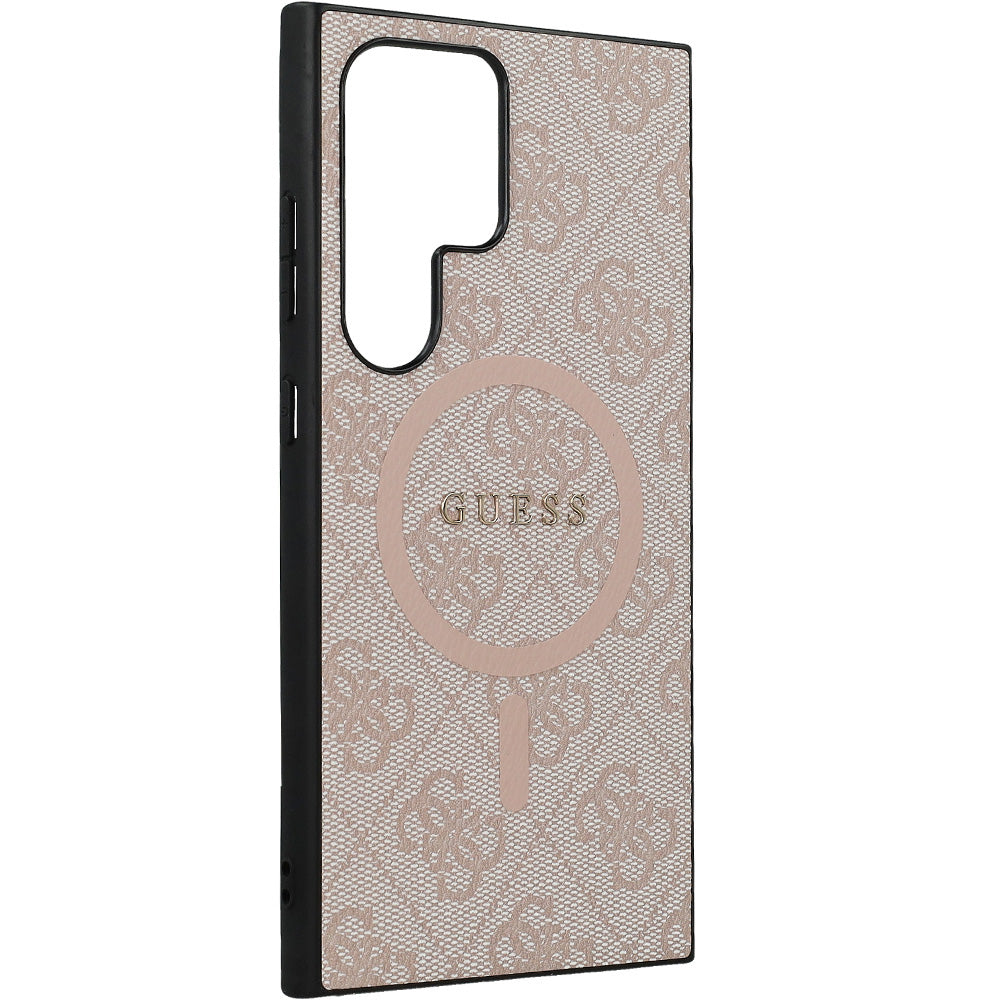 Schutzhülle für Galaxy S24 Ultra, Guess Hardcase 4G Leather Metal Logo für MagSafe, Rosa