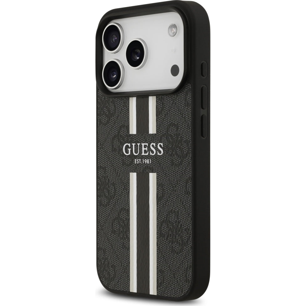 Handyhülle für iPhone 17 Pro Max, Guess Hardcase 4G Printed Stripes mit MagSafe, Schwarz