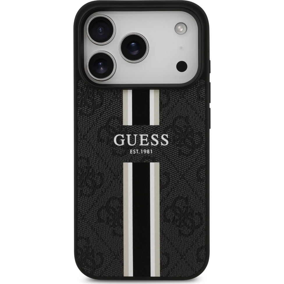 Handyhülle für iPhone 17 Pro Max, Guess Hardcase 4G Printed Stripes mit MagSafe, Schwarz
