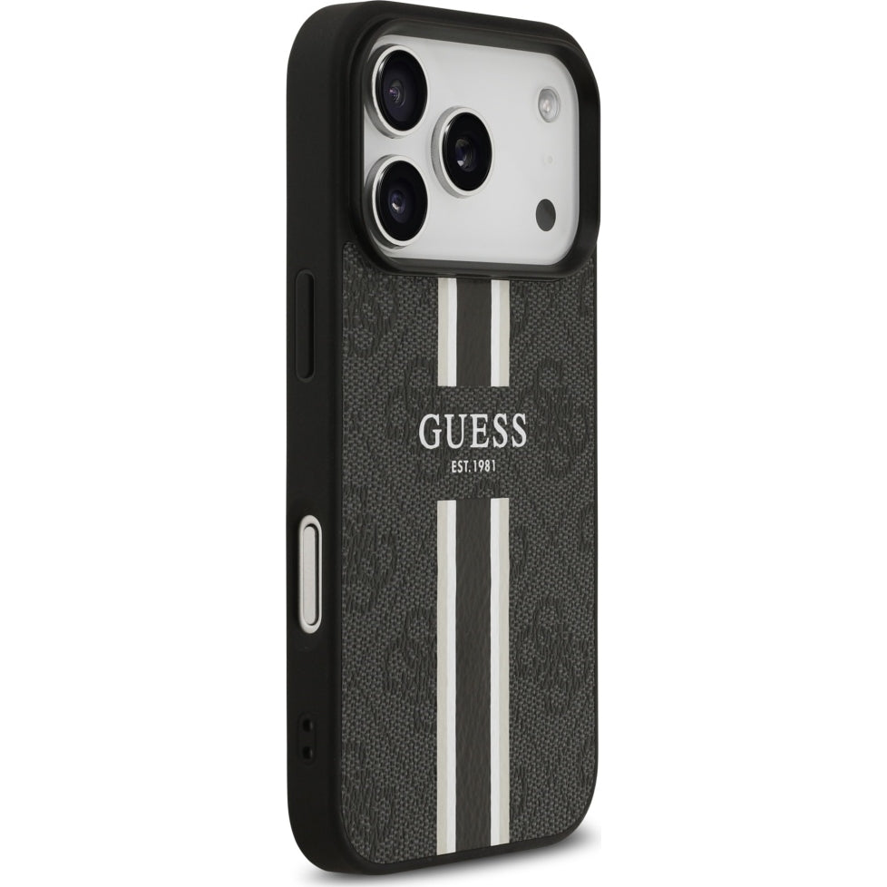 Handyhülle für iPhone 17 Pro Max, Guess Hardcase 4G Printed Stripes mit MagSafe, Schwarz