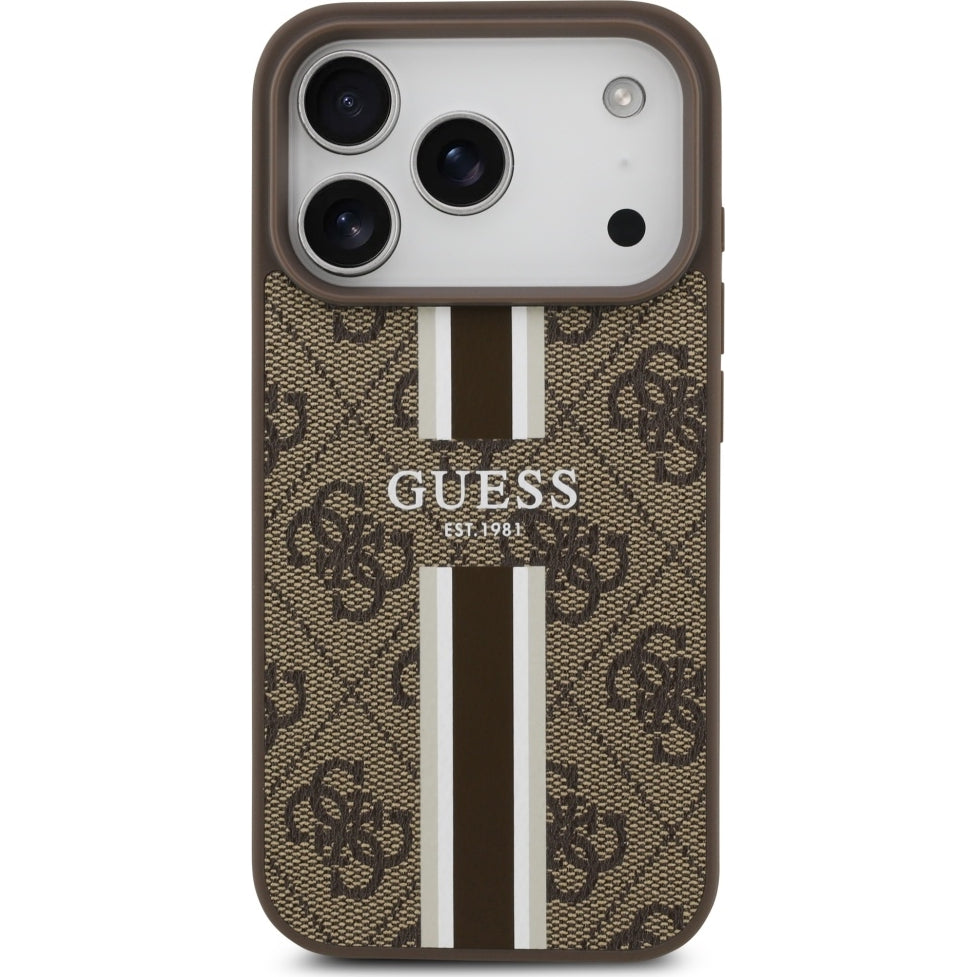 Handyhülle für iPhone 17 Pro Max, Guess Hardcase 4G Printed Stripes mit MagSafe, Braun