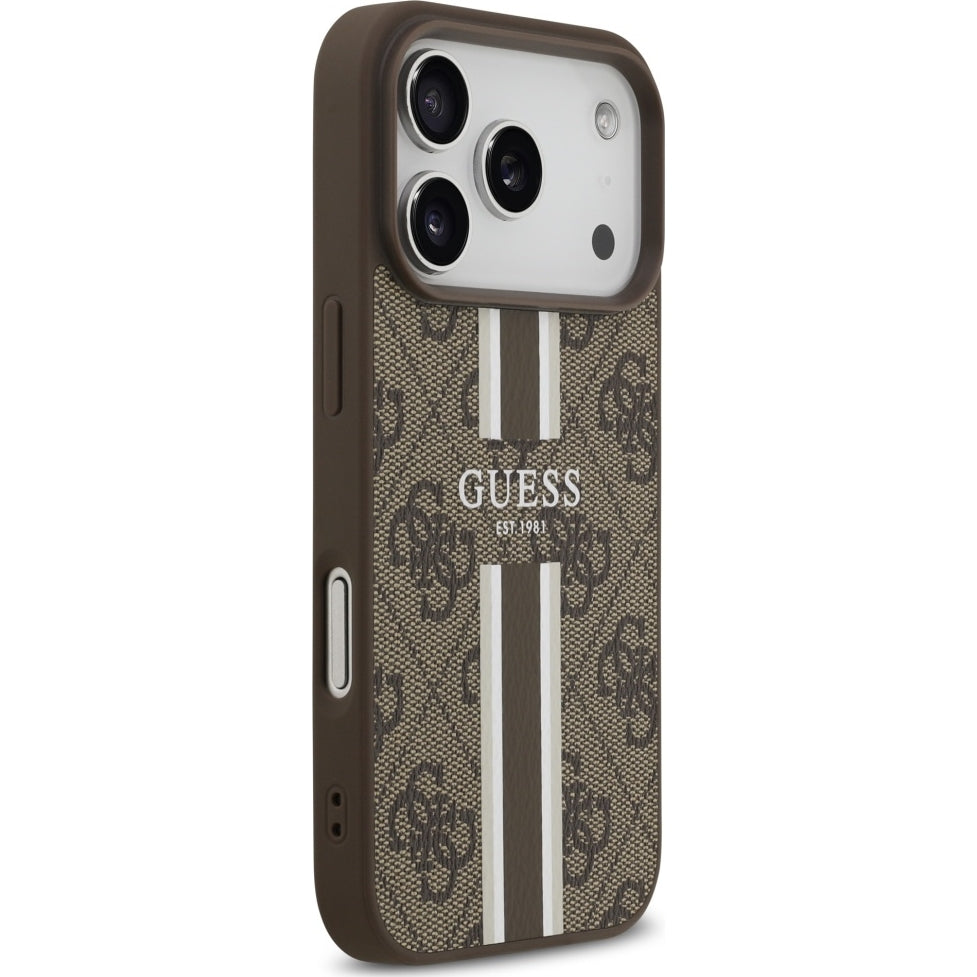 Handyhülle für iPhone 17 Pro Max, Guess Hardcase 4G Printed Stripes mit MagSafe, Braun