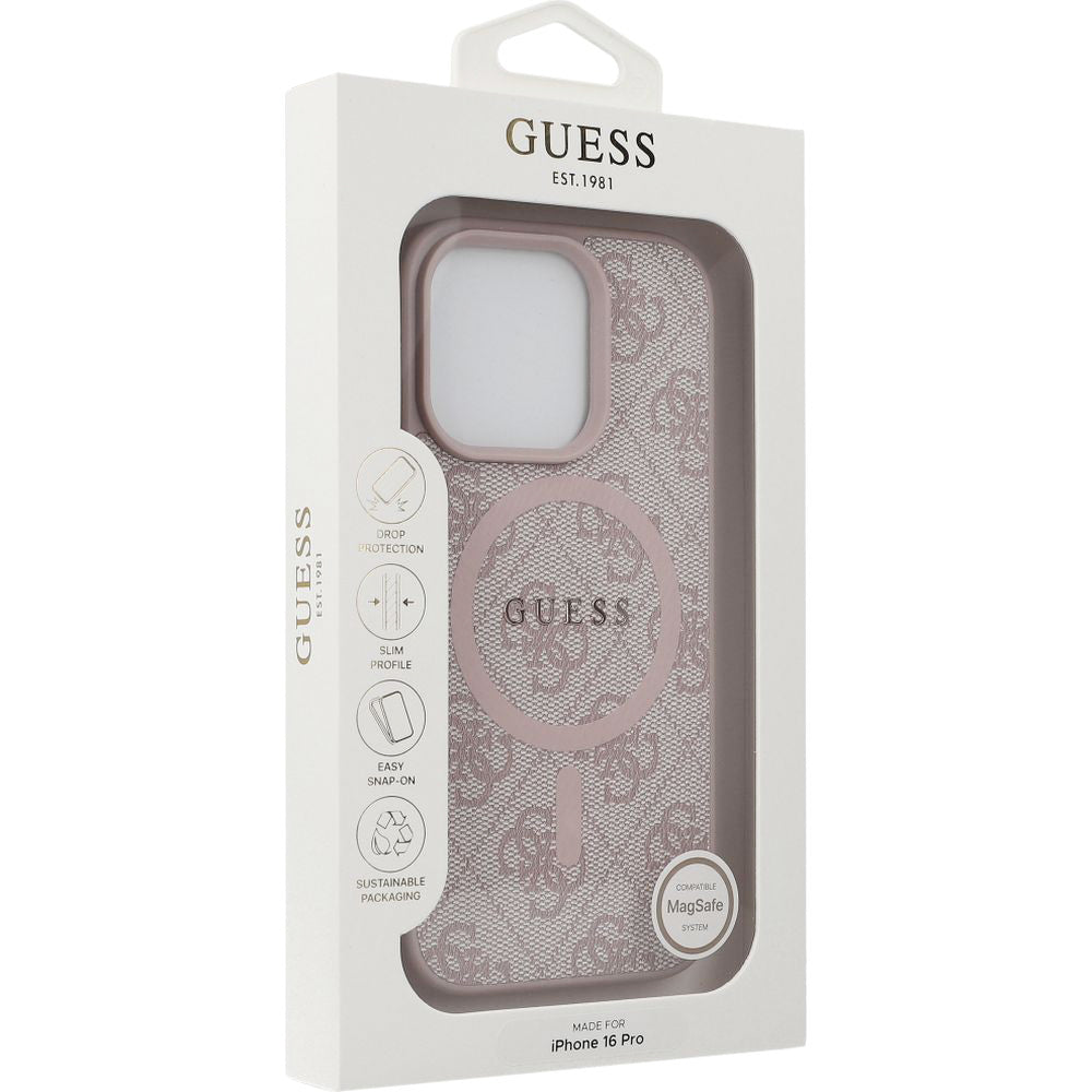 Handyhülle für iPhone 16 Pro, Guess Hardcase 4G Ring Classic Logo MagSafe, Rosa