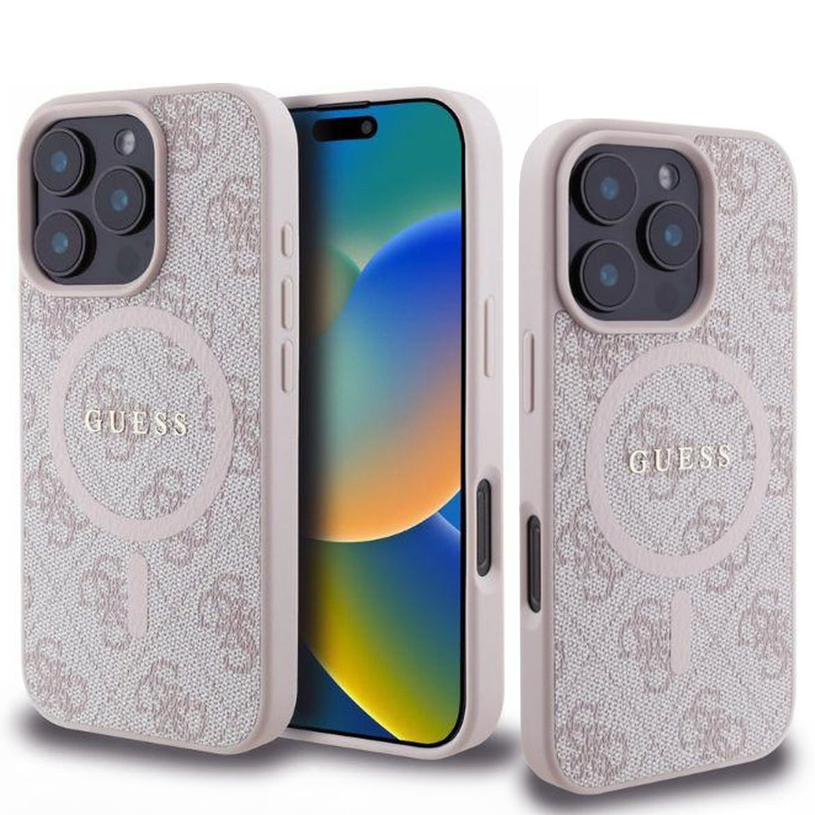 Handyhülle für iPhone 16 Pro, Guess Hardcase 4G Ring Classic Logo MagSafe, Rosa