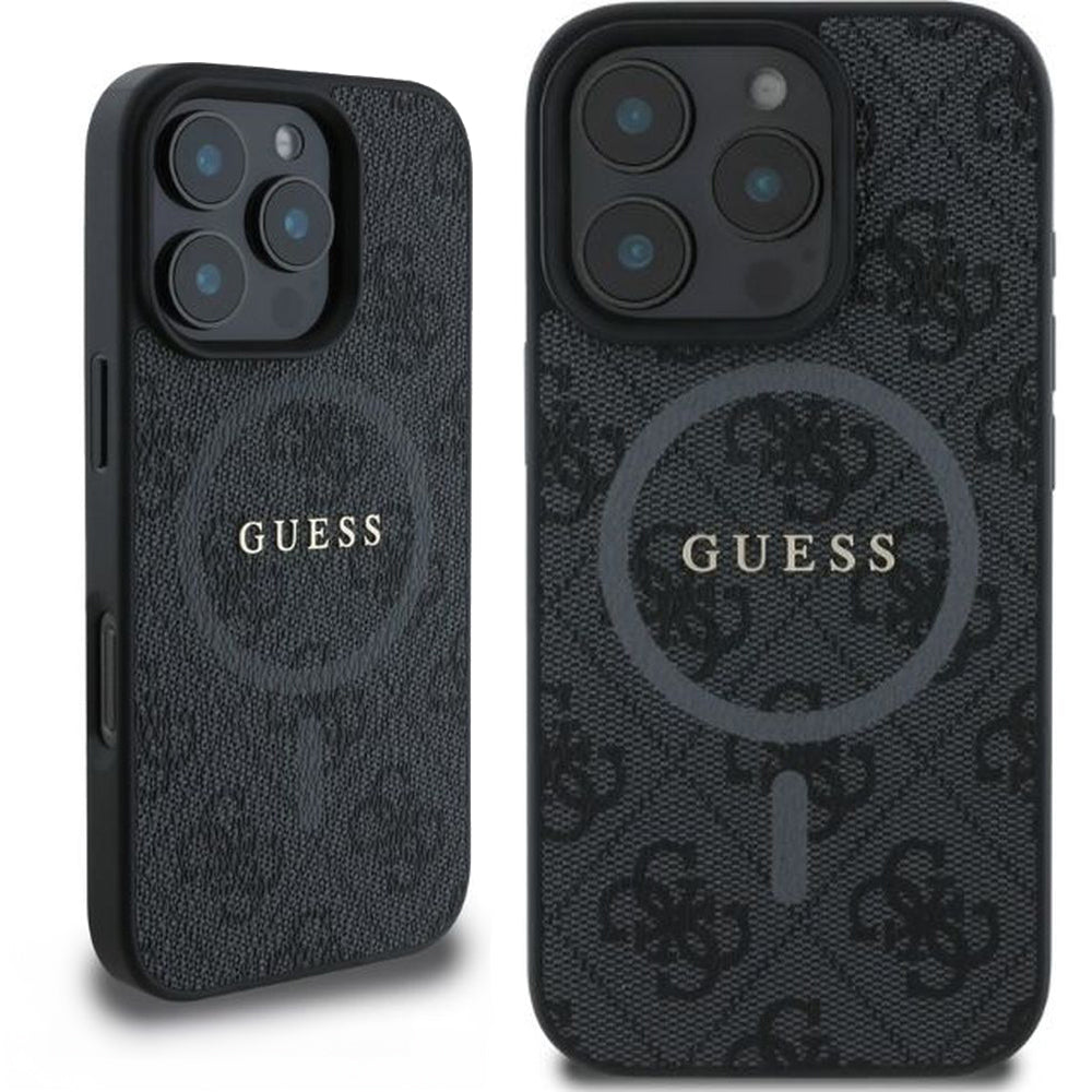 Handyhülle für iPhone 16 Pro, Guess Hardcase 4G Ring Classic Logo MagSafe, Schwarz