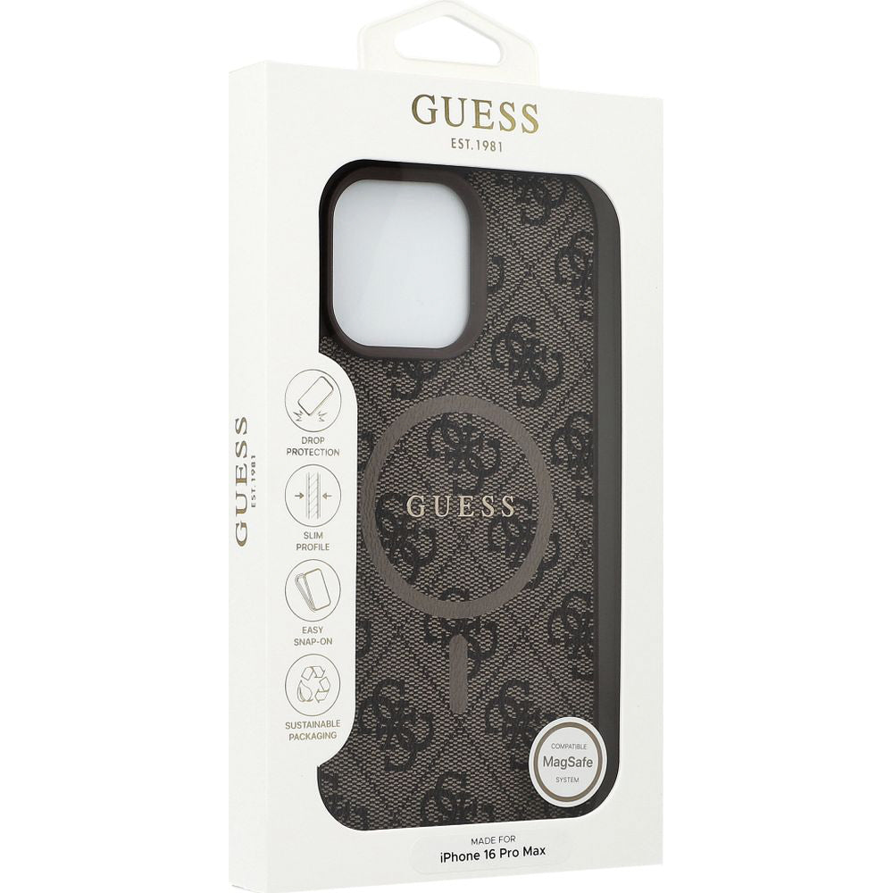 Handyhülle für iPhone 16 Pro Max, Guess Hardcase 4G Ring Classic Logo MagSafe, Braun