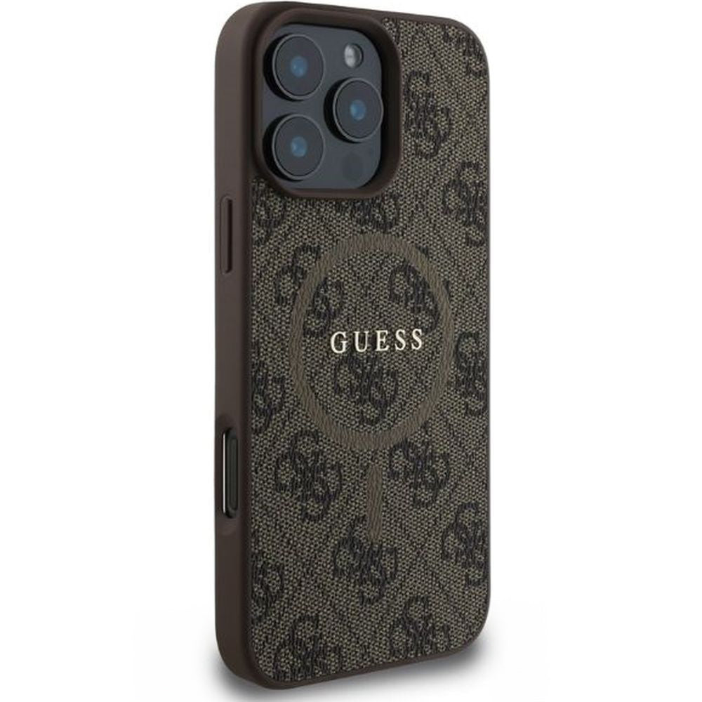 Handyhülle für iPhone 16 Pro Max, Guess Hardcase 4G Ring Classic Logo MagSafe, Braun