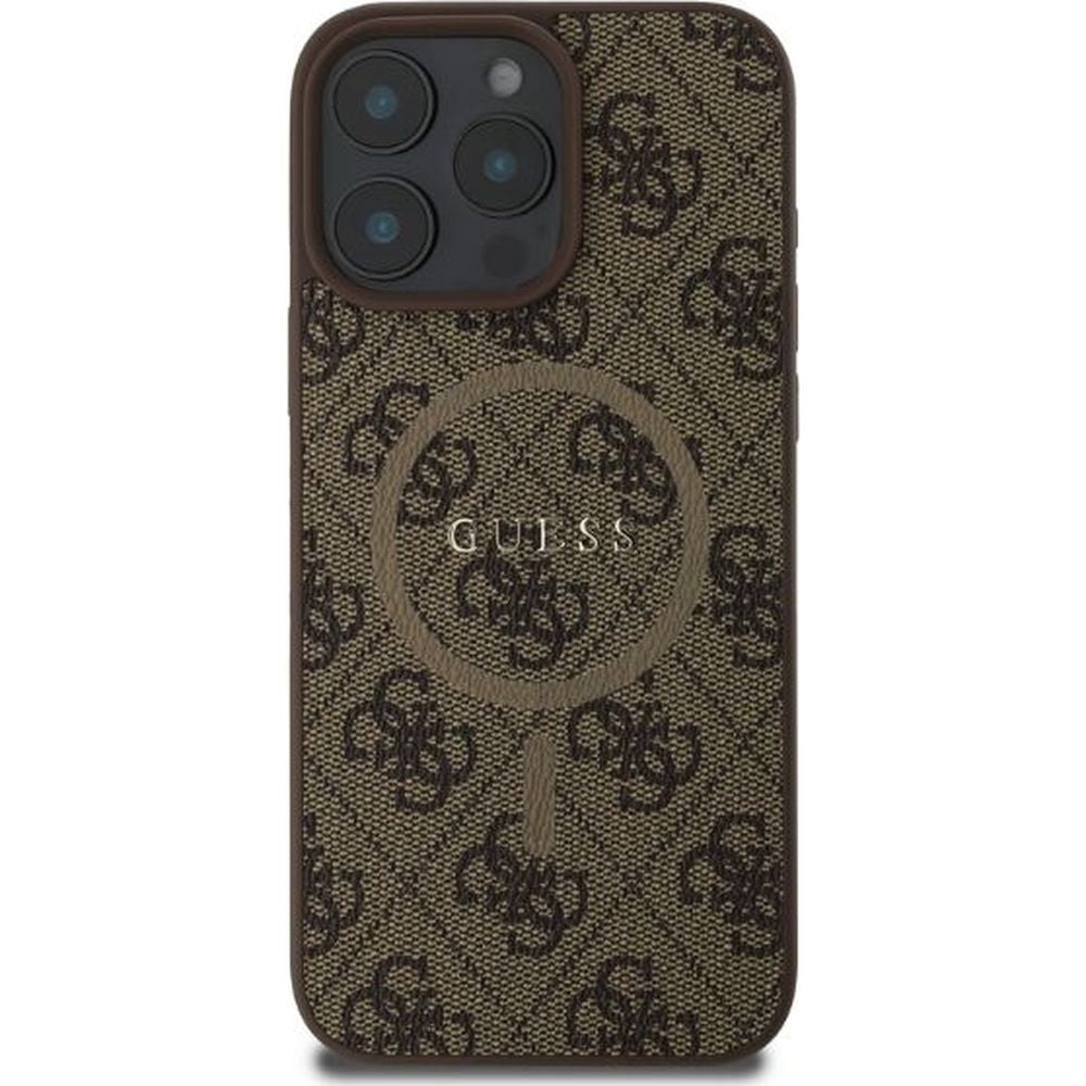 Handyhülle für iPhone 16 Pro Max, Guess Hardcase 4G Ring Classic Logo MagSafe, Braun