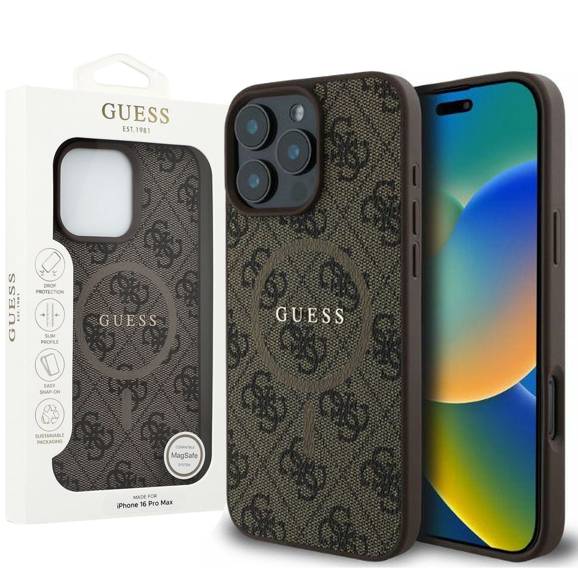 Handyhülle für iPhone 16 Pro Max, Guess Hardcase 4G Ring Classic Logo MagSafe, Braun