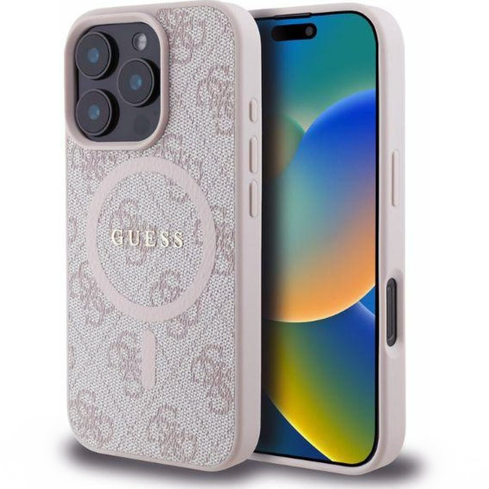 Handyhülle für iPhone 16 Pro Max, Guess Hardcase 4G Ring Classic Logo MagSafe, Rosa