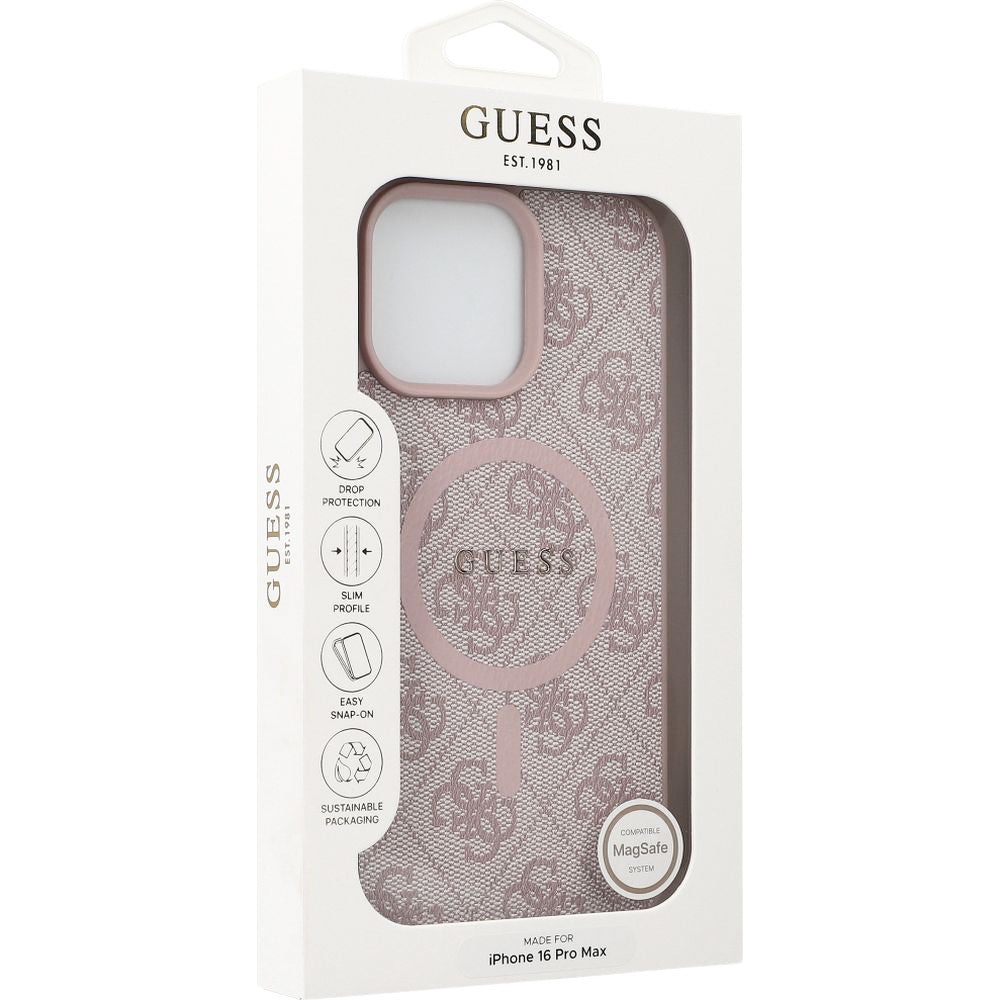 Handyhülle für iPhone 16 Pro Max, Guess Hardcase 4G Ring Classic Logo MagSafe, Rosa