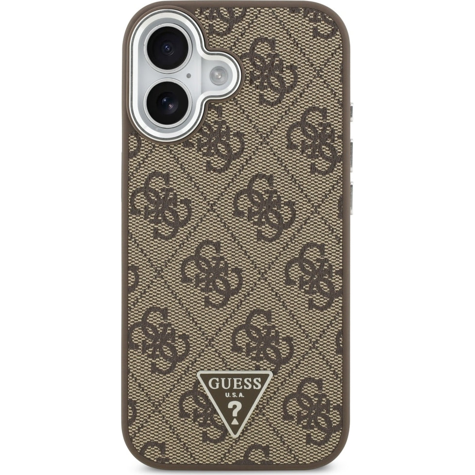 Handyhülle für iPhone 17, Guess HardCase Leather 4G Triangle Strass, Braun