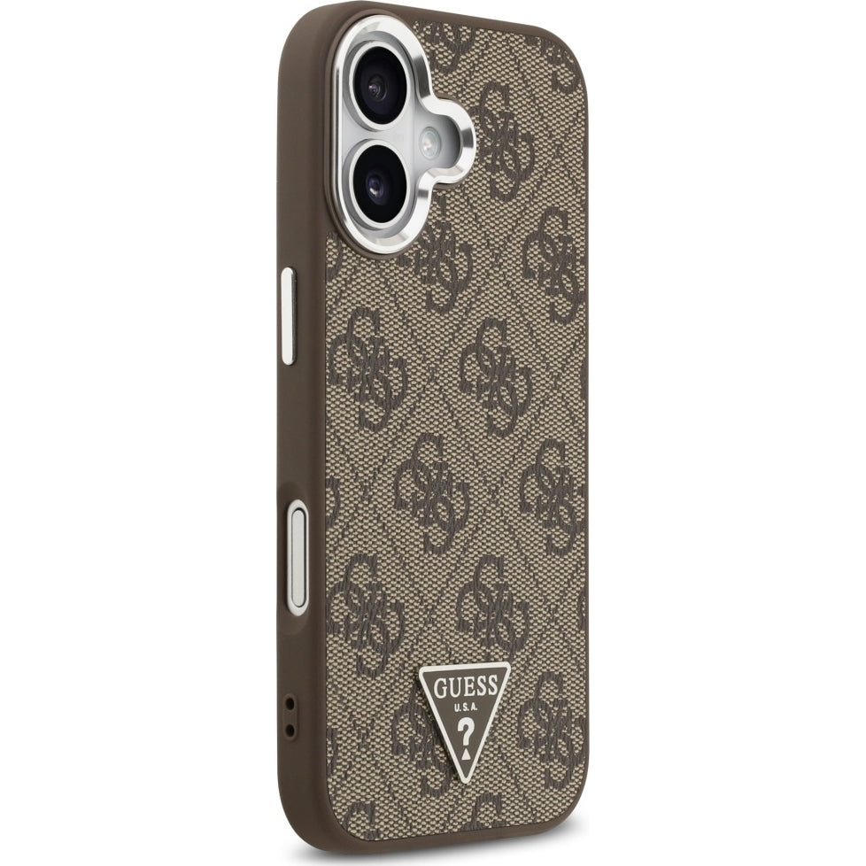 Handyhülle für iPhone 17, Guess HardCase Leather 4G Triangle Strass, Braun