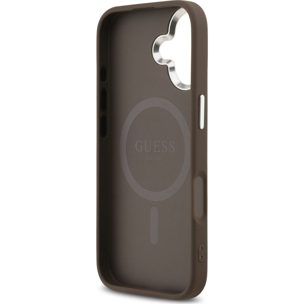 Handyhülle für iPhone 17, Guess HardCase Leather 4G Triangle Strass, Braun