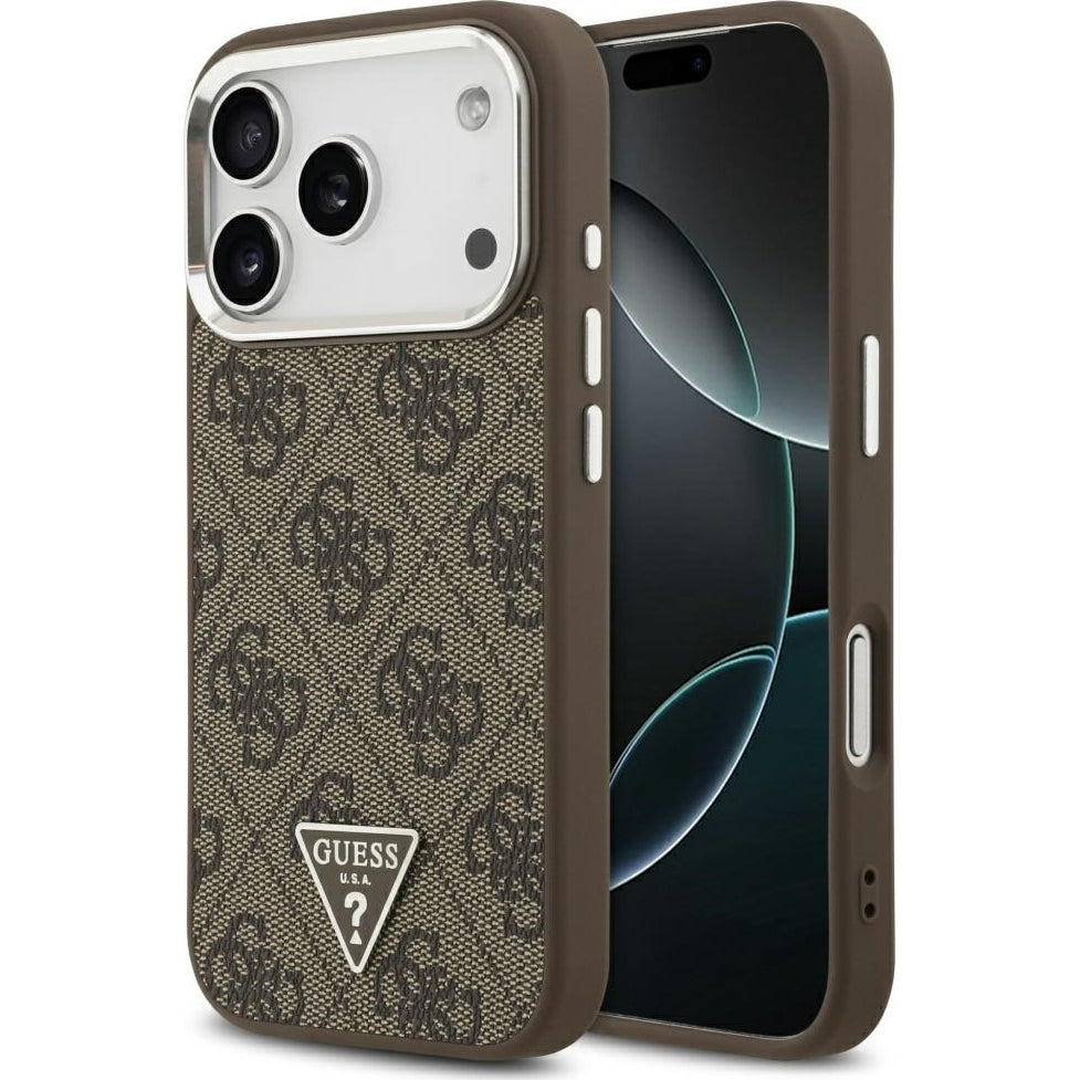 Handyhülle für iPhone 17 Pro, Guess HardCase Leather 4G Triangle Strass, Braun