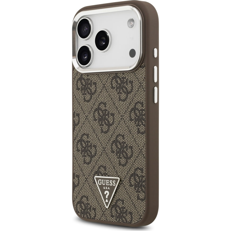 Handyhülle für iPhone 17 Pro, Guess HardCase Leather 4G Triangle Strass, Braun