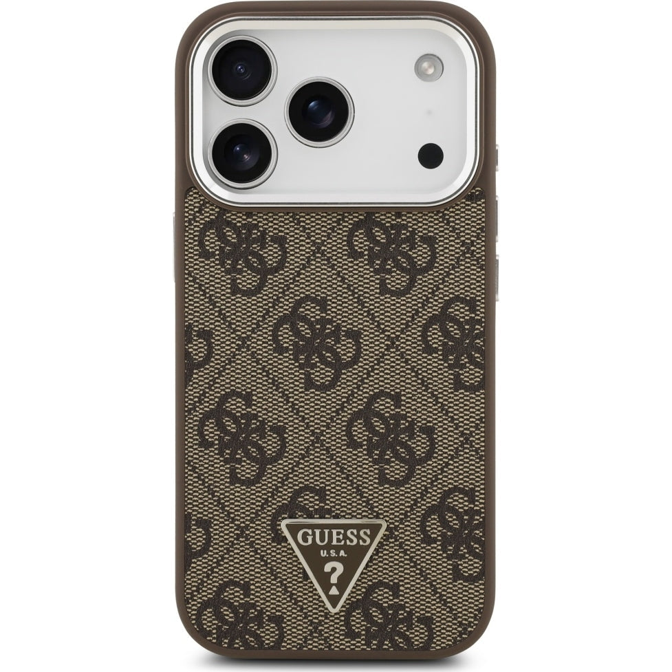 Handyhülle für iPhone 17 Pro, Guess HardCase Leather 4G Triangle Strass, Braun