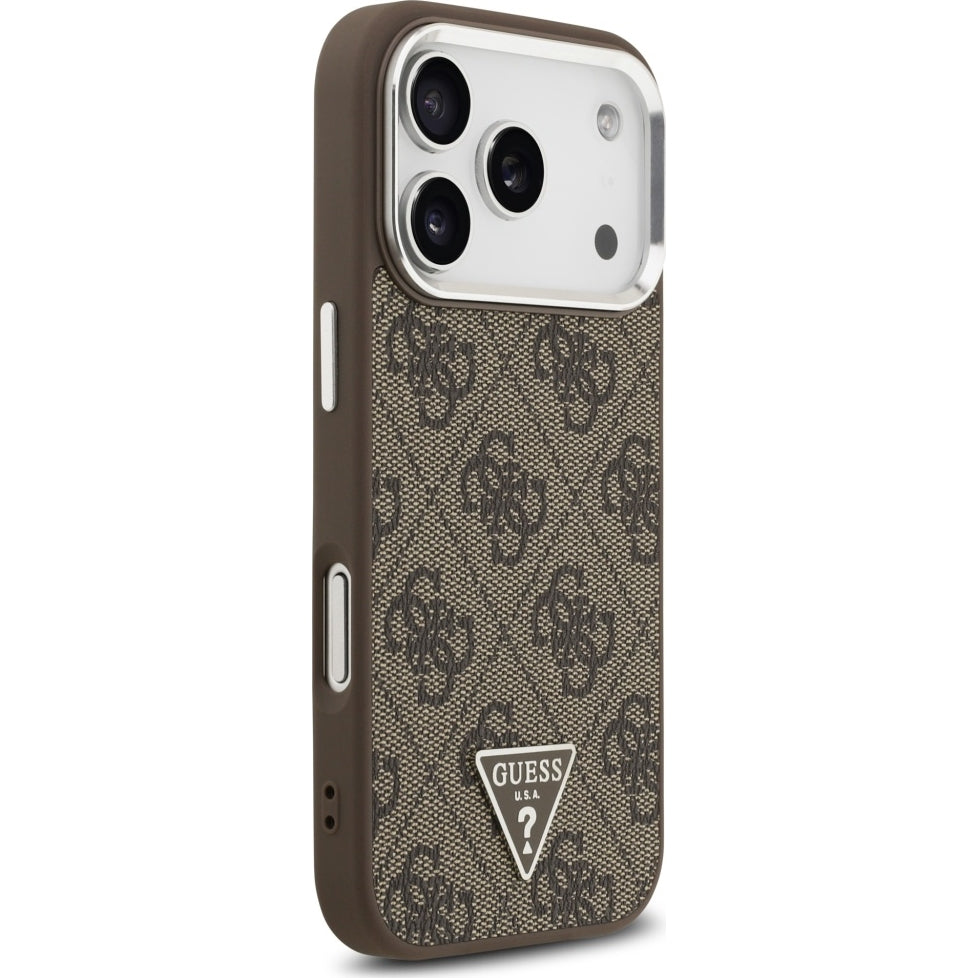 Handyhülle für iPhone 17 Pro, Guess HardCase Leather 4G Triangle Strass, Braun
