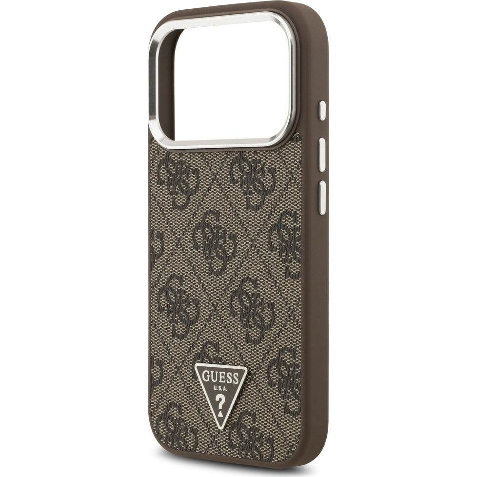 Handyhülle für iPhone 17 Pro, Guess HardCase Leather 4G Triangle Strass, Braun