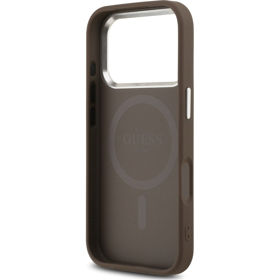 Handyhülle für iPhone 17 Pro, Guess HardCase Leather 4G Triangle Strass, Braun