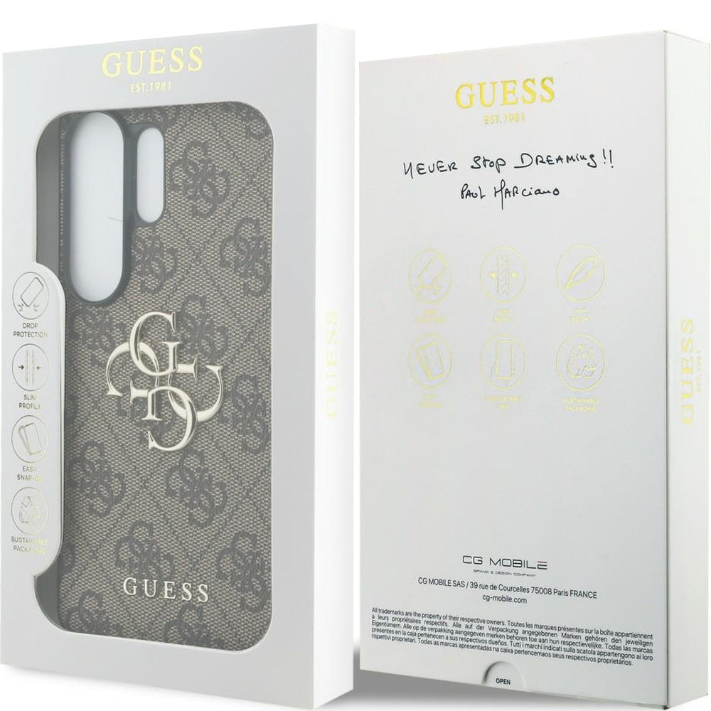 Handyhülle für Galaxy S26 Ultra, Guess Hardcase Leather, Braun mit Big Logo Guess