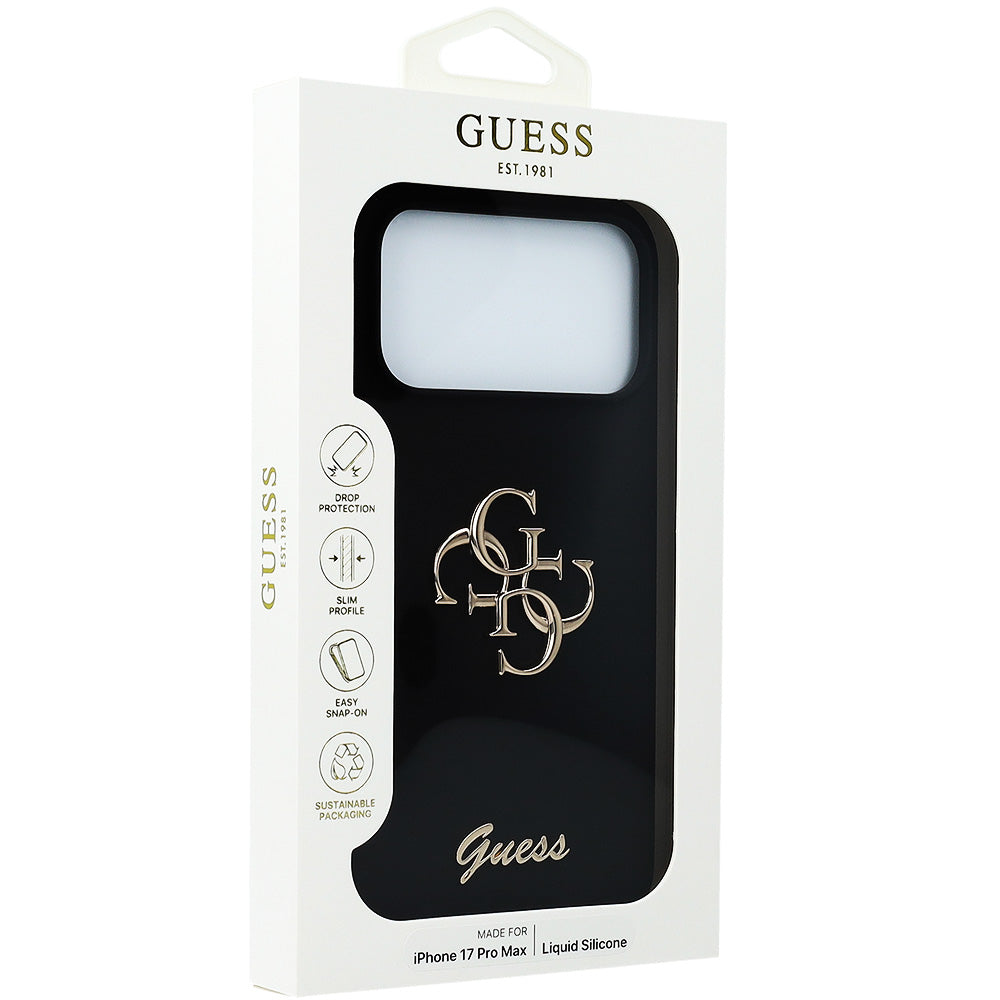 Handyhülle für iPhone 17 Pro Max, Guess Hardcase Silicone Big 4G Script, Schwarz