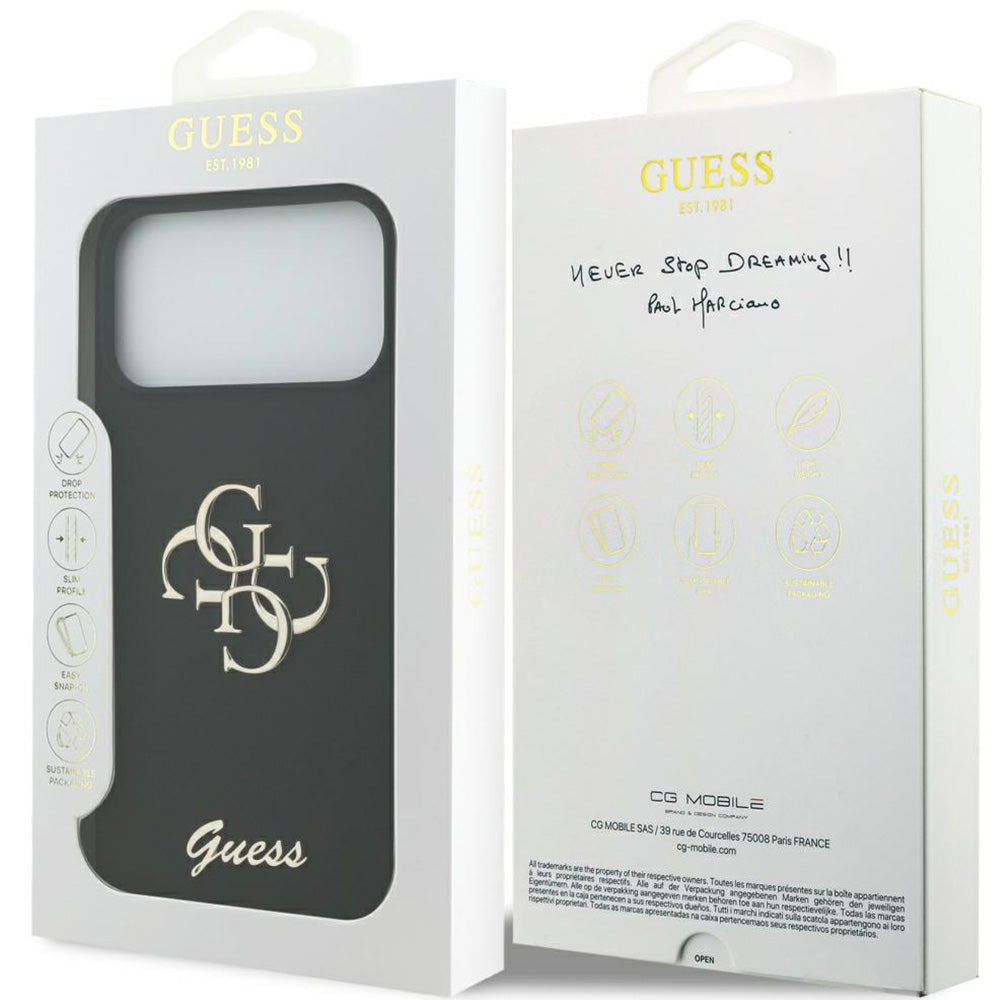 Handyhülle für iPhone 17 Pro Max, Guess Hardcase Silicone Big 4G Script, Schwarz