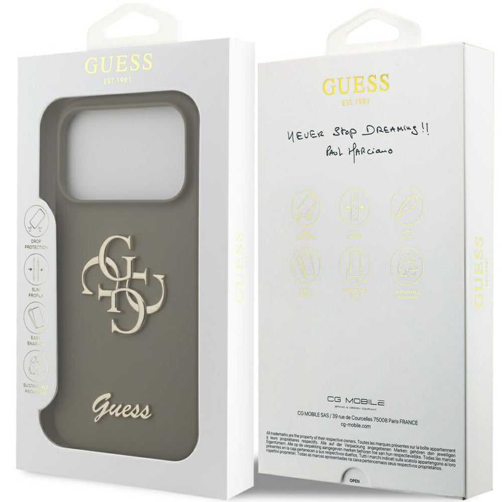 Handyhülle für iPhone 17 Pro, Guess Hardcase Silicone Big 4G Script, Braun