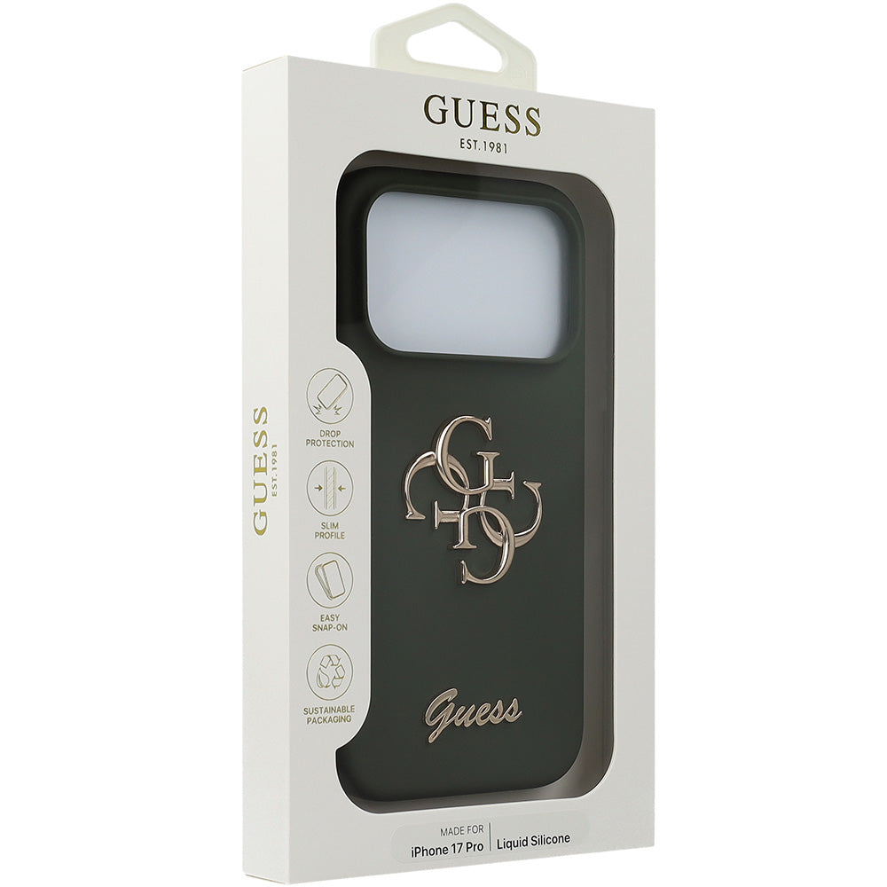 Handyhülle für iPhone 17 Pro, Guess Hardcase Silicone Big 4G Script, Dunkelgrün
