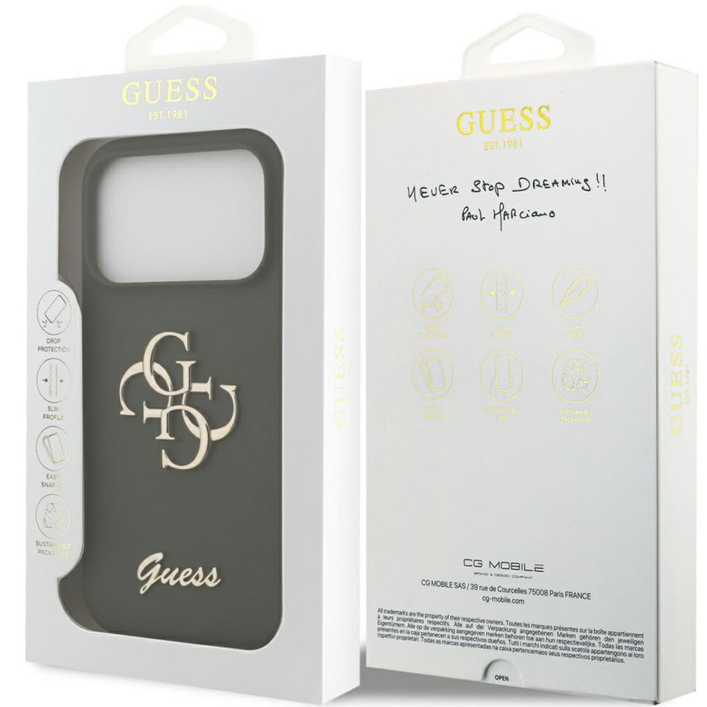 Handyhülle für iPhone 17 Pro, Guess Hardcase Silicone Big 4G Script, Dunkelgrün